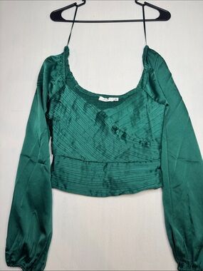Lush Emerald Green Satin Long-Sleeve Cropped Blouse